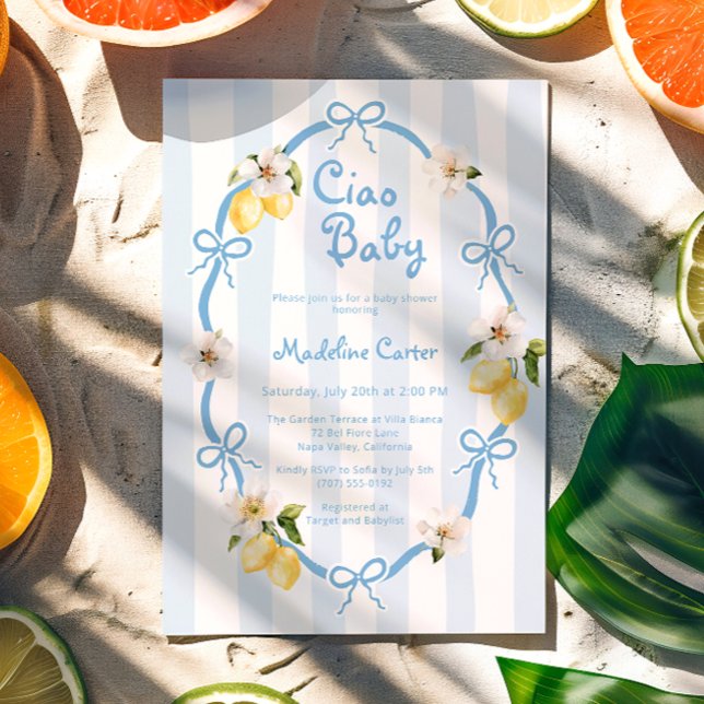 Invitación Ciao Baby Italiano Lemon Blue Bows Baby Shower (Subido por el creador)