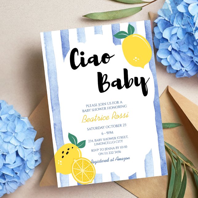 Invitación Ciao Baby Lemon Baby Shower italiano (Ciao Baby Italian Whimsical Lemon Baby Shower Invitation)