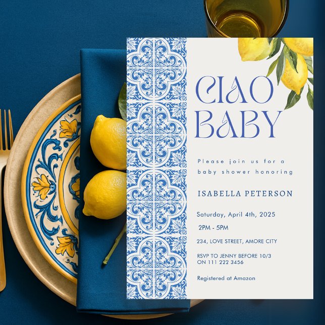 Invitación Ciao Baby Lemon Baby Shower italiano (Ciao Baby Lemon Italian Mediterranean Baby Shower Invitation)