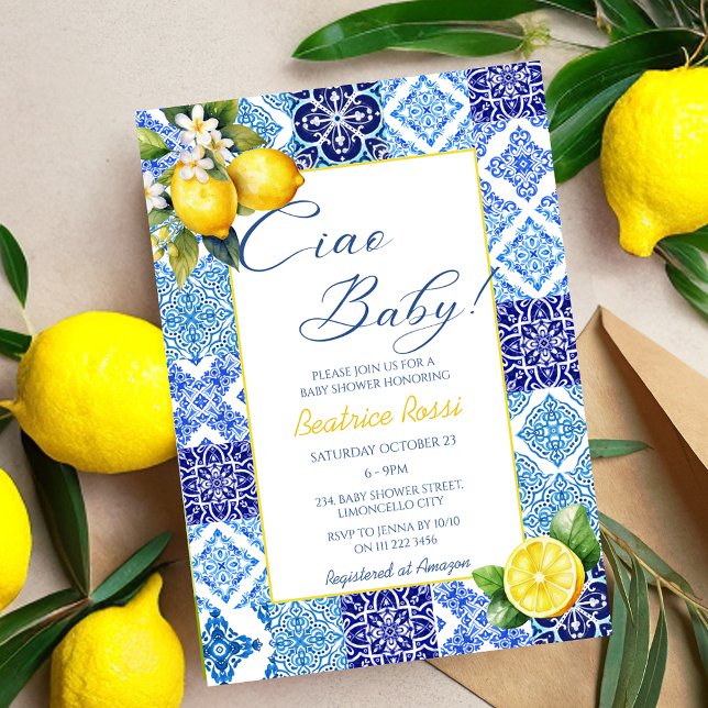 Invitación Ciao Baby Lemon Blue Tiles Baby Shower italiano (Ciao Baby Lemon Blue Tiles Italian Baby Shower Invitations)