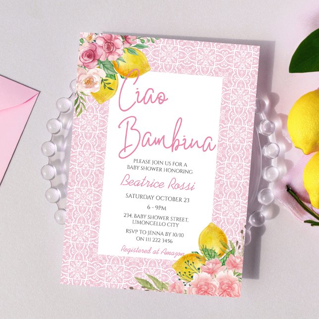 Invitación Ciao Baby Lemon Chica Pink Italiano Baby Shower (Ciao Baby Lemon Girl Pink Italian Baby Shower Invitation)