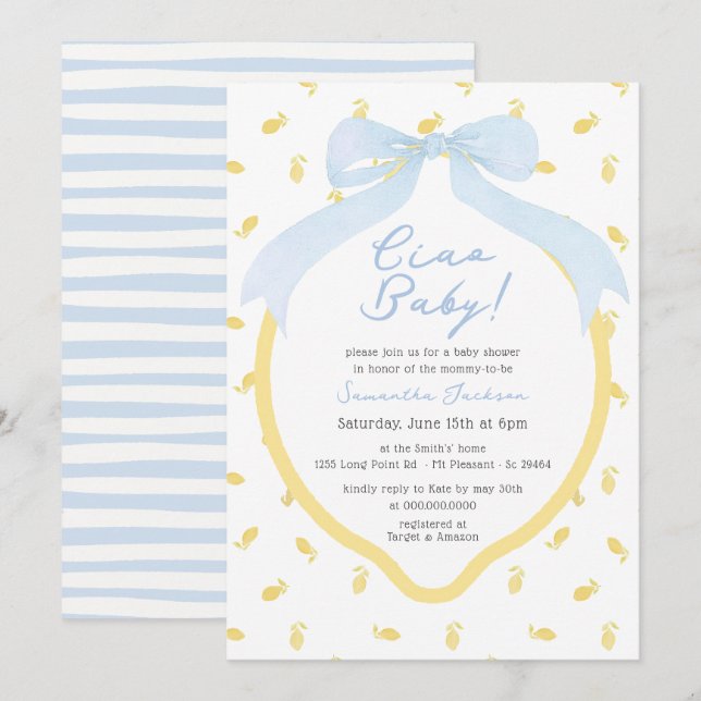 Invitación Ciao Baby Lemon y Blue Bow Boy Baby Shower (Anverso / Reverso)