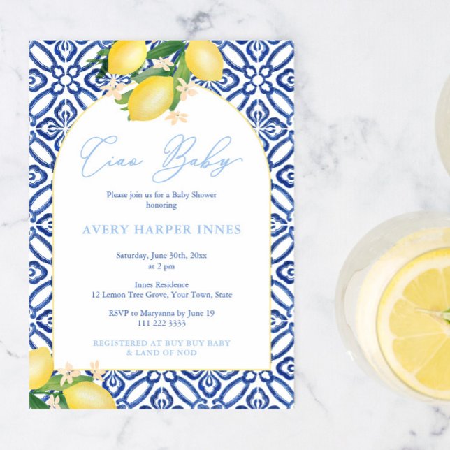 Invitación Ciao Baby Lemons Fiesta Baby Shower Para Boy (Ciao baby boy! Amalfi inspired baby shower party invite with blue tile background lemons arch shape)