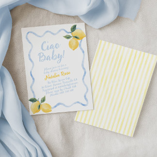Invitación Ciao Baby Limones, Baby Shower Italiano Azul Amari