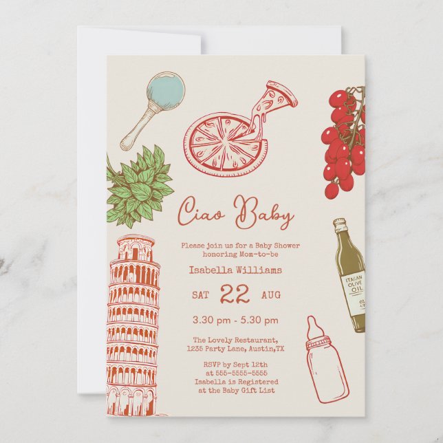 Invitación Ciao Baby Line Art Pizza All In One Baby Shower (Anverso)