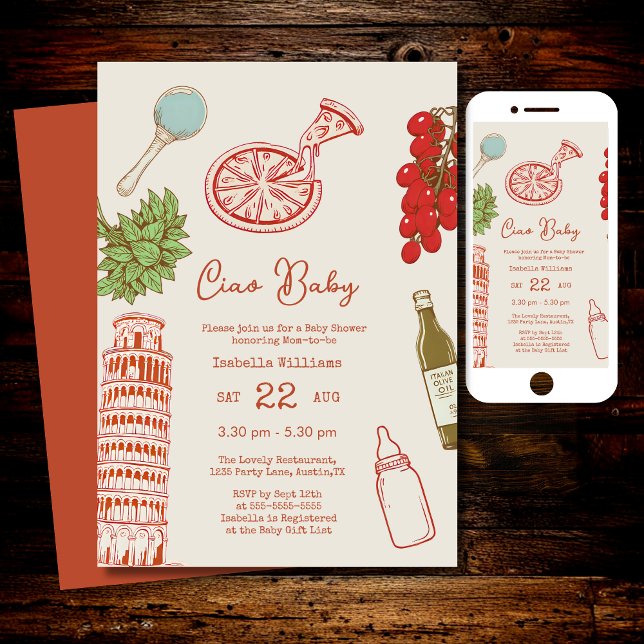 Invitación Ciao Baby Line Work Italian Pizza Baby Shower (Subido por el creador)