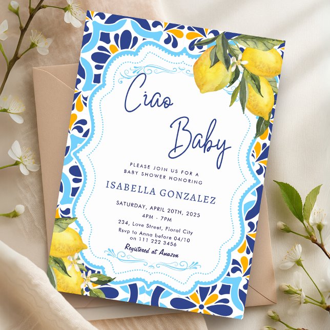 Invitación Ciao Baby Mediterranean Majolic Tiles Shower (Ciao Baby Mediterranean Majolica Tiles Shower Invitation)