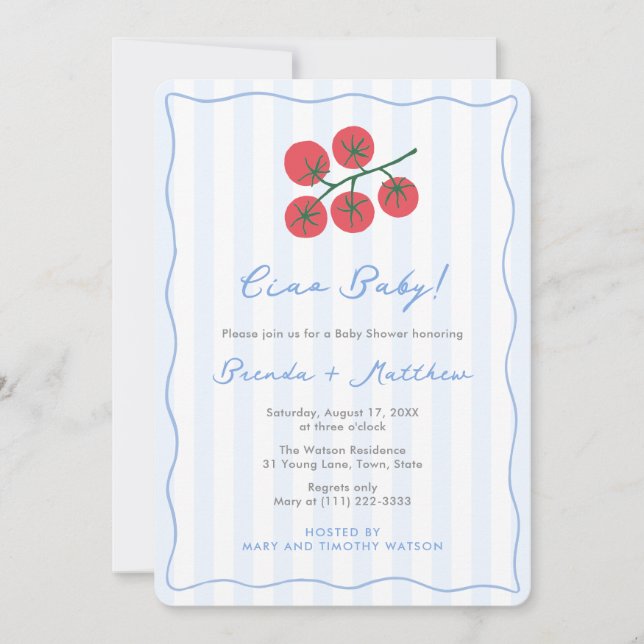 Invitación Ciao Baby Pomodoro Hand-Drawn Tomato Baby Shower (Anverso)