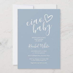 Invitación Ciao Baby Shower Corazón Azul Polvoriento Minimali