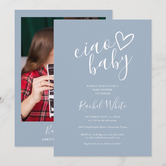Invitación Ciao Baby Shower Corazón Polvoriento Azul Minimali (Anverso / Reverso)