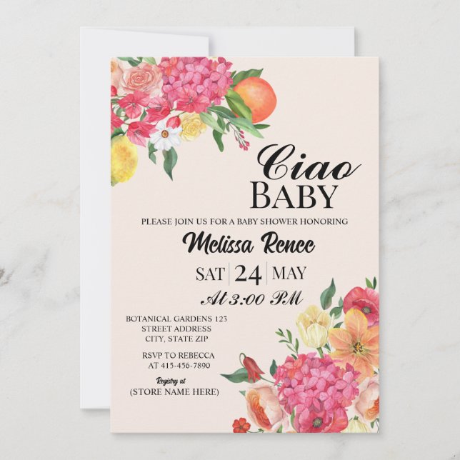 Invitación Ciao Baby shower Flower Invitation  (Anverso)