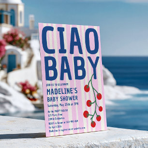 Invitación Ciao Baby Shower Italiano Retro Franja Rosa Azul