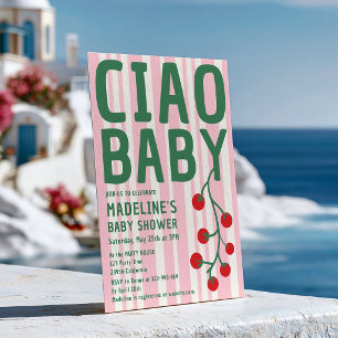 Invitación Ciao Baby Shower Italiano Retro Franja Rosa Verde