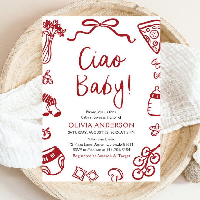 Invitación Ciao Baby Whimsical Italiana Pizza Cute Baby Showe (Watercolor Ciao Baby Whimsical Italian Pizza Cute Baby Shower Invitation)