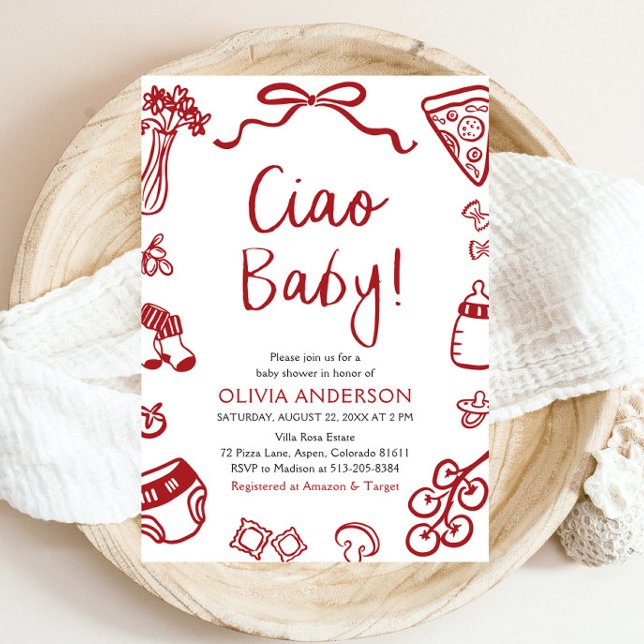 Invitación Ciao Baby Whimsical Italiana Pizza Cute Baby Showe (Watercolor Ciao Baby Whimsical Italian Pizza Cute Baby Shower Invitation)