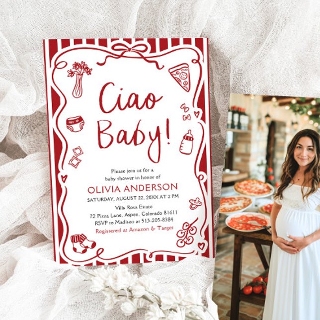 Invitación Ciao Baby Whimsical Italiana Pizza Cute Baby Showe (Watercolor Ciao Baby Whimsical Italian Pizza Cute Baby Shower Invitation)