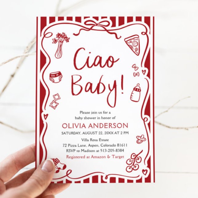Invitación Ciao Baby Whimsical Italiana Pizza Cute Baby Showe (Watercolor Ciao Baby Whimsical Italian Pizza Cute Baby Shower Invitation)