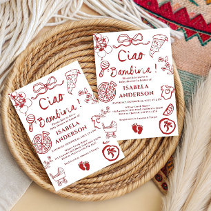 Invitación Ciao Bambina Chica Pizza Dibujada a Mano Baby Sho