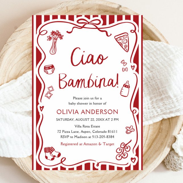 Invitación Ciao Bambina Chica Whimsical Italiano Baby Shower (Watercolor Ciao Bambina Girl Whimsical Italian Baby Shower Invitation)