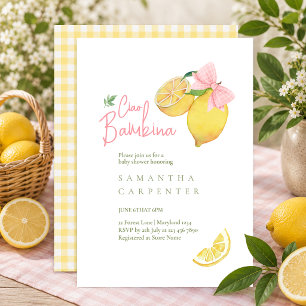 Invitación Ciao bambina lazo rosa baby shower limón