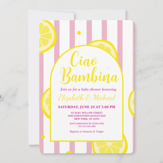 Invitación Ciao Bambina Pink and White Baby Shower Invitation (Anverso)