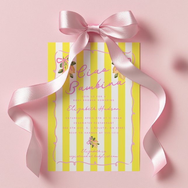 Invitación Ciao Bambina Raya Amarilla Ducha de Bebé Limón (Ciao Bambina baby shower invite Lemon garden baby shower invite)