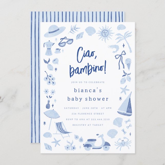 Invitación Ciao Bambino Italian Blue Boy Baby Shower (Anverso / Reverso)