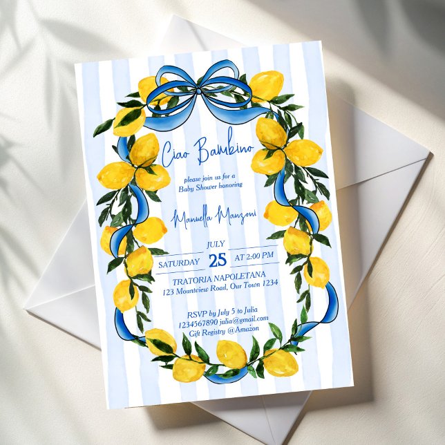 Invitación Ciao bambino limones azul arco azul ducha de bebé  (Ciao bambino lemons blue bow stripped Italian baby shower Invitation cards template)