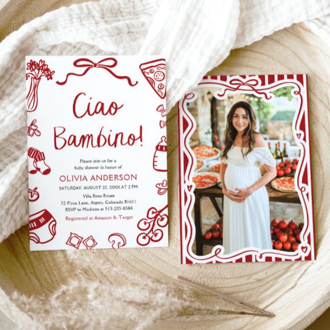 Invitación Ciao Bambino Whimsical Italiana Pizza Baby Shower (Watercolor Ciao Bambino Whimsical Italian Pizza Baby Shower Invitation)