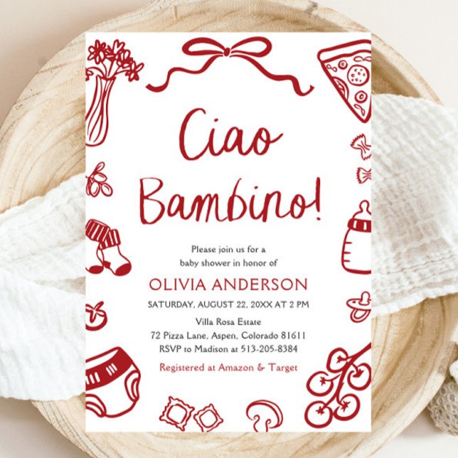 Invitación Ciao Bambino Whimsical Italiana Pizza Baby Shower (Watercolor Ciao Bambino Whimsical Italian Pizza Baby Shower Invitation)