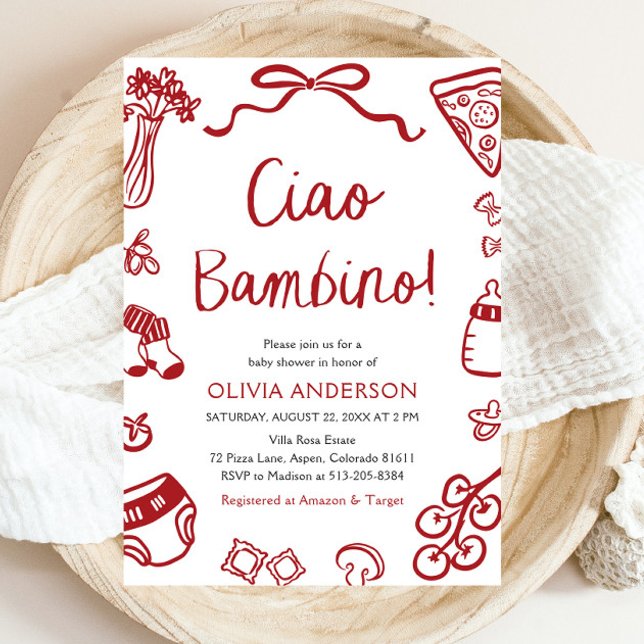 Invitación Ciao Bambino Whimsical Italiana Pizza Baby Shower (Watercolor Ciao Bambino Whimsical Italian Pizza Baby Shower Invitation)