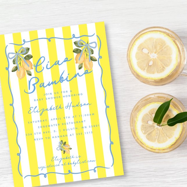 Invitación Ciao Bambino Yellow Stripe Blue Lemon Baby Shower (Ciao Bambino Yellow Stripe Blue Lemon Baby Shower Invitation)