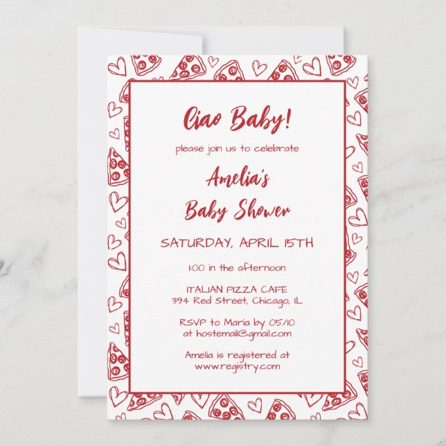 Invitación ¡Ciao Bebé! Fiesta Pizza Italiano Red Baby Shower (Anverso)