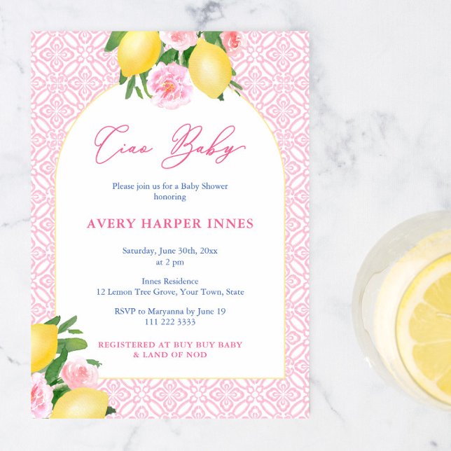 Invitación Ciao Bebé Italiano Inspirado Lemones Baby Shower R (Ciao Baby Girl! Italian inspired Pink tiles, lemons & florals baby shower party invitation design)