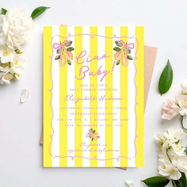 Invitación Ciao Bebé Limón con Franja Amarilla Fiesta de Bebé (Ciao Baby Yellow Stripe Lemon Baby Shower Invitation)