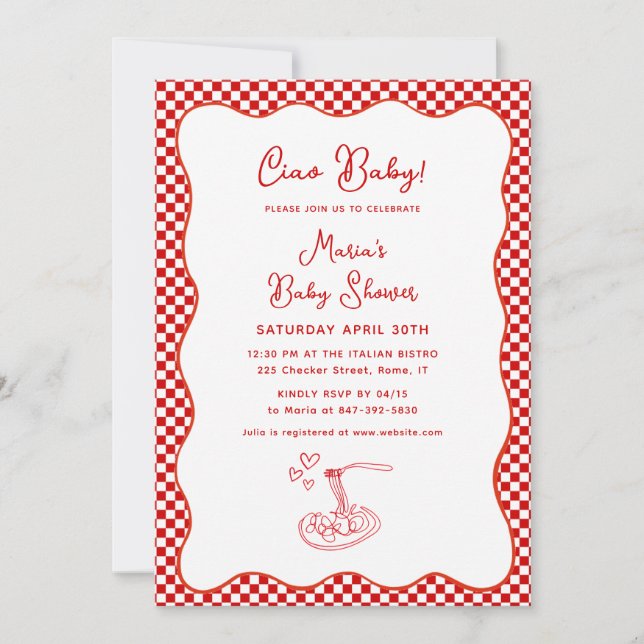 Invitación ¡Ciao Bebé! Pasta roja de Baby Shower en italiano (Anverso)
