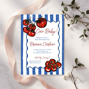 Invitación Ciao bebé tomate rayas azules baby shower italiano