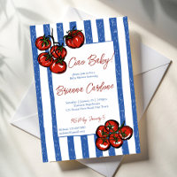 Ciao bebé tomate rayas azules baby shower italiano