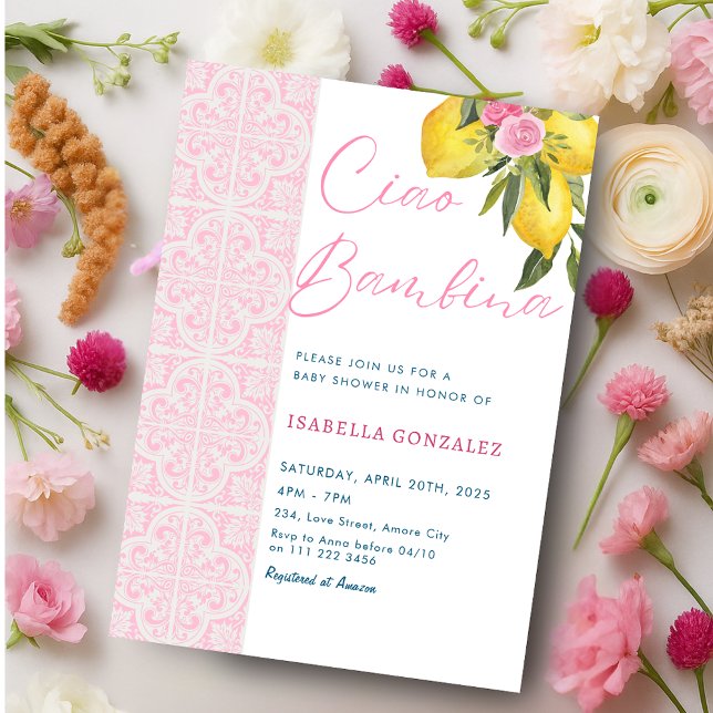 Invitación Ciao Bebina Bambina Amalfi Baby Shower (Italian Ciao Baby Bambina Amalfi Baby Shower Invitation)