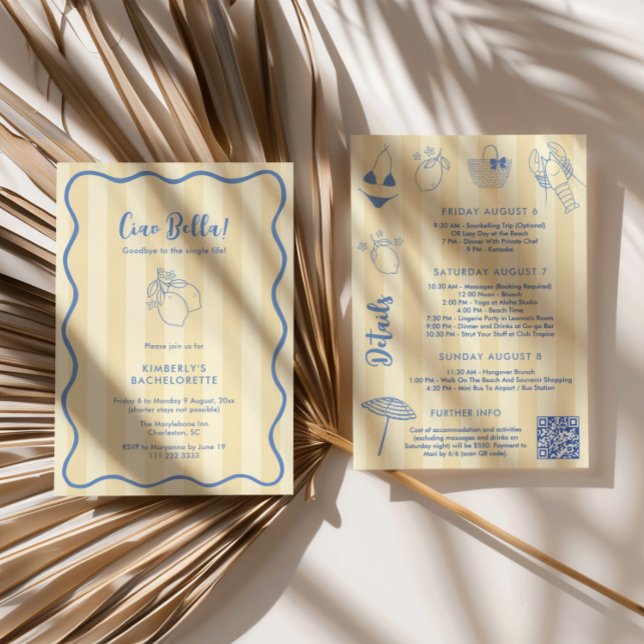 Invitación Ciao Bella Fin de semana de despedida de soltera c (Ciao Bella Yellow Stripes Blue hand-drawn doodles lemons amalfi bachelorette weekend invitation)