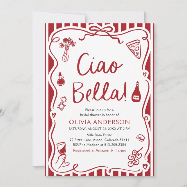 Invitación Ciao Bella Hand Drake Italiano Pizza Bridal Shower (Anverso)