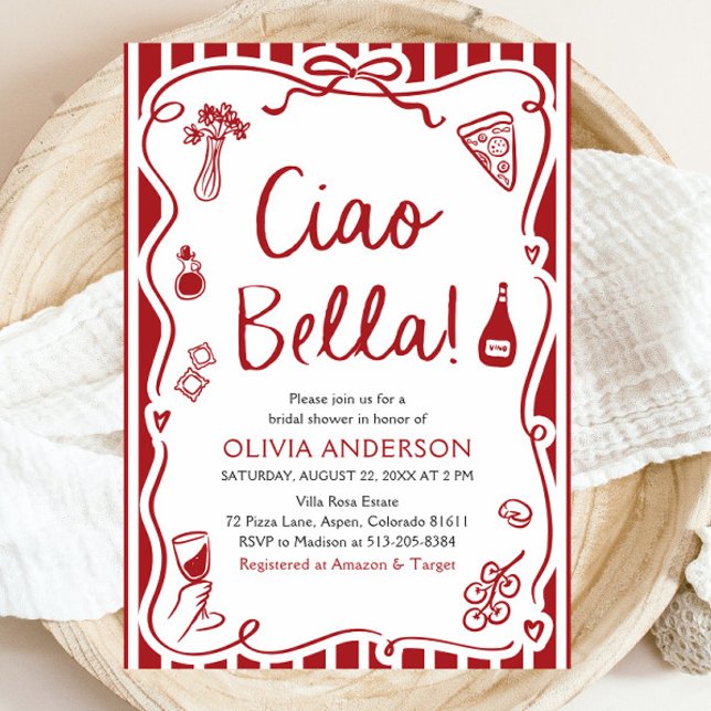 Invitación Ciao Bella Hand Drake Italiano Pizza Bridal Shower (Watercolor Ciao Bella Hand Drawn Italian Pizza Pasta Wine Bridal Shower Invitation)