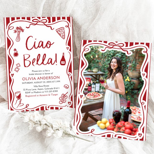 Invitación Ciao Bella Hand Drake Italiano Pizza Bridal Shower (Watercolor Ciao Bella Hand Drawn Italian Pizza Pasta Wine Bridal Shower Invitation)
