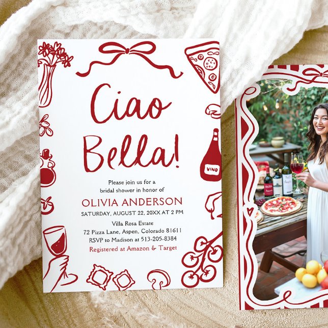 Invitación Ciao Bella Hand Drake Italiano Pizza Bridal Shower (Red Italian Ciao Bella Whimsical Hand Drawn Pizza Pasta Wine Bridal Shower Invitation)