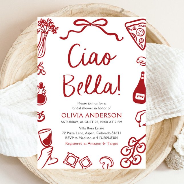 Invitación Ciao Bella Hand Drake Italiano Pizza Bridal Shower (Red Italian Ciao Bella Whimsical Hand Drawn Pizza Pasta Wine Bridal Shower Invitation)