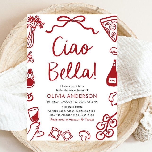 Invitación Ciao Bella Hand Drake Italiano Pizza Bridal Shower (Red Italian Ciao Bella Whimsical Hand Drawn Pizza Pasta Wine Bridal Shower Invitation)