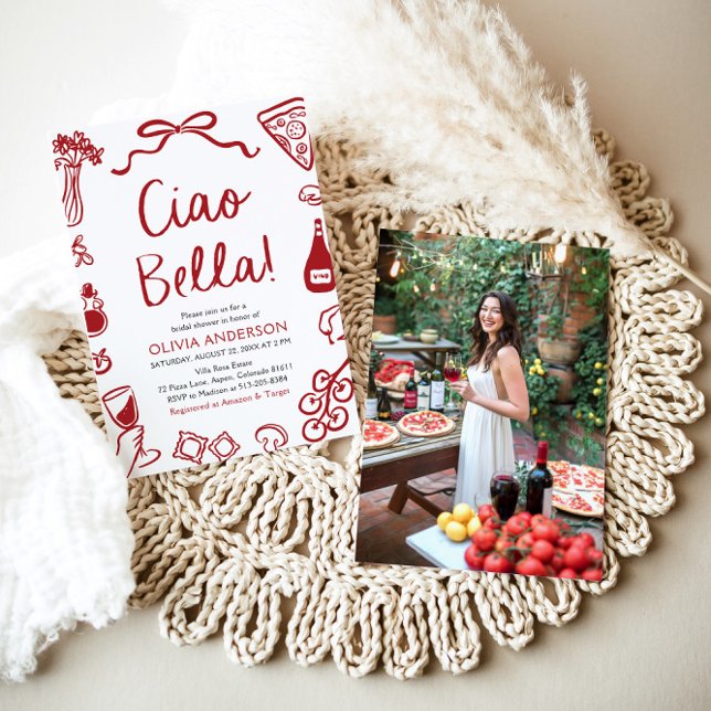 Invitación Ciao Bella Hand Drake Italiano Pizza Bridal Shower (Red Italian Ciao Bella Whimsical Hand Drawn Pizza Pasta Wine Bridal Shower Invitation)