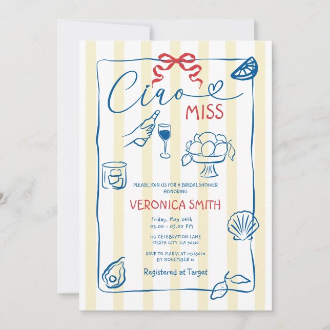 Invitación Ciao Miss Bridal Shower Summer Italia Tema (Anverso)