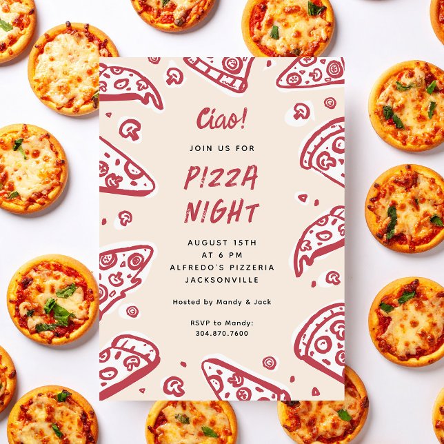 Invitación Ciao Red Hand-Drawn Pizza Night Party (hand-drawn pizza night party invitation)
