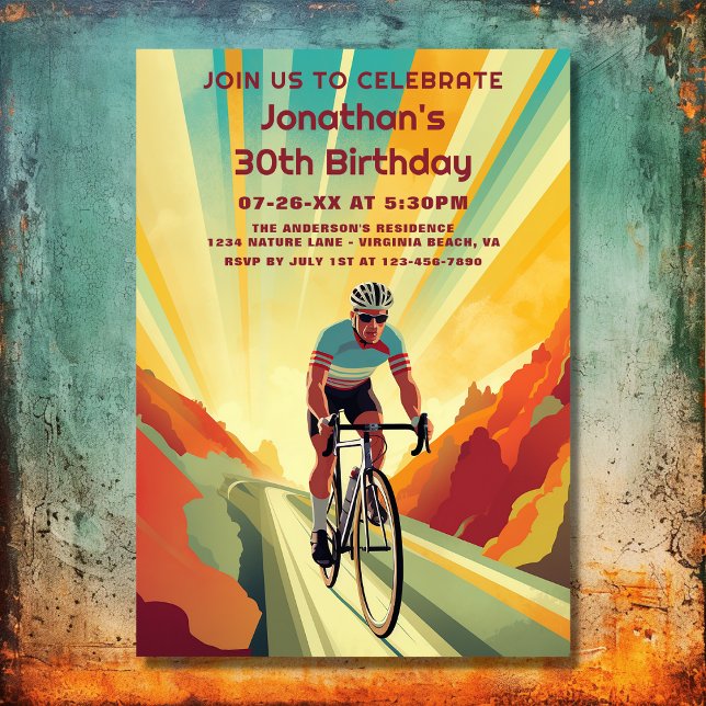 Invitación Ciclismo Retro Viaje en bicicleta Cumpleaños (Front - Retro Road Cyclist Cycling Bike Birthday Invitation)